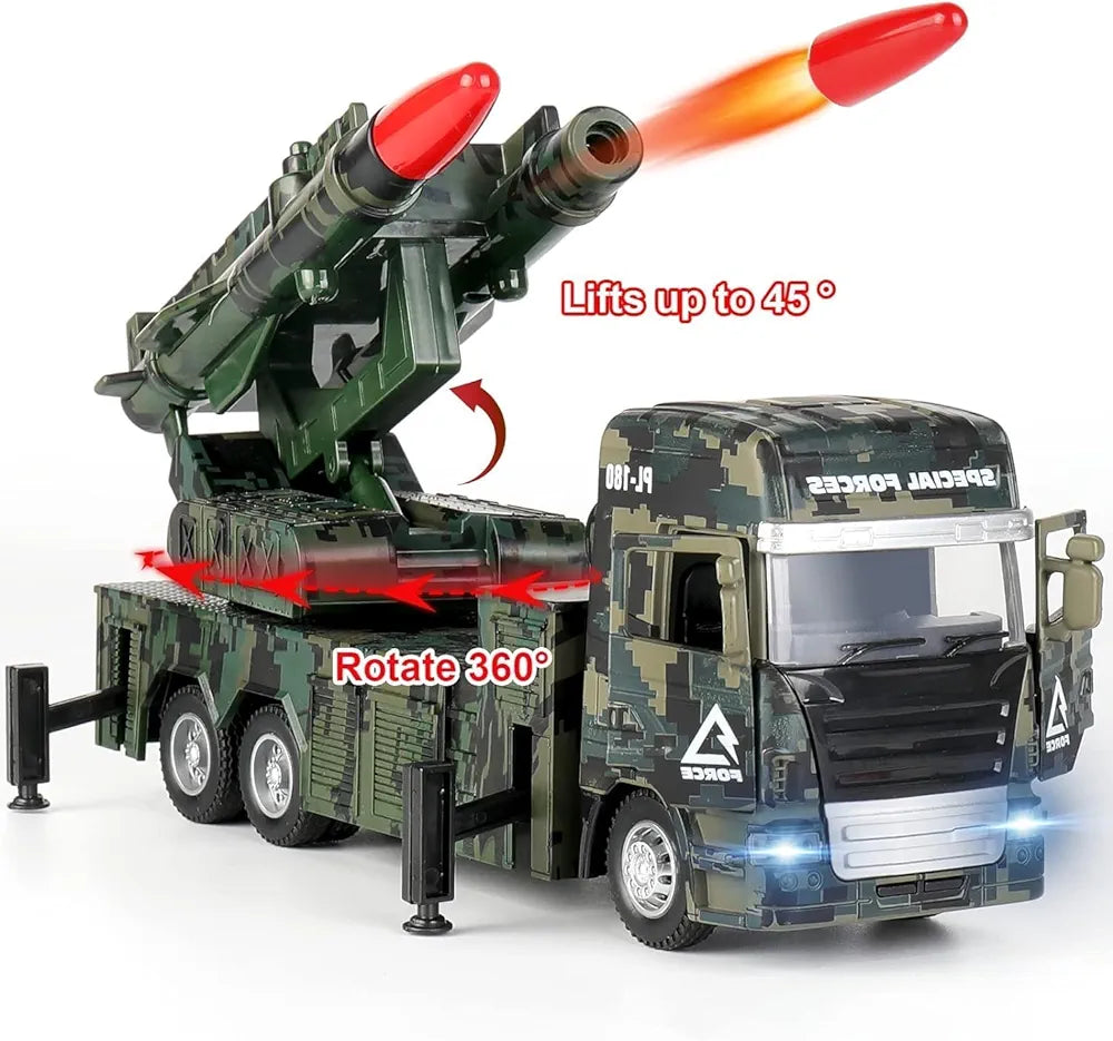 Missile Launcher Truck Military Army Vehicle Model with Lights Sounds, A Launchable Two Missile Military Die-cast Truck Toys Pull Back Gift for Kids..
