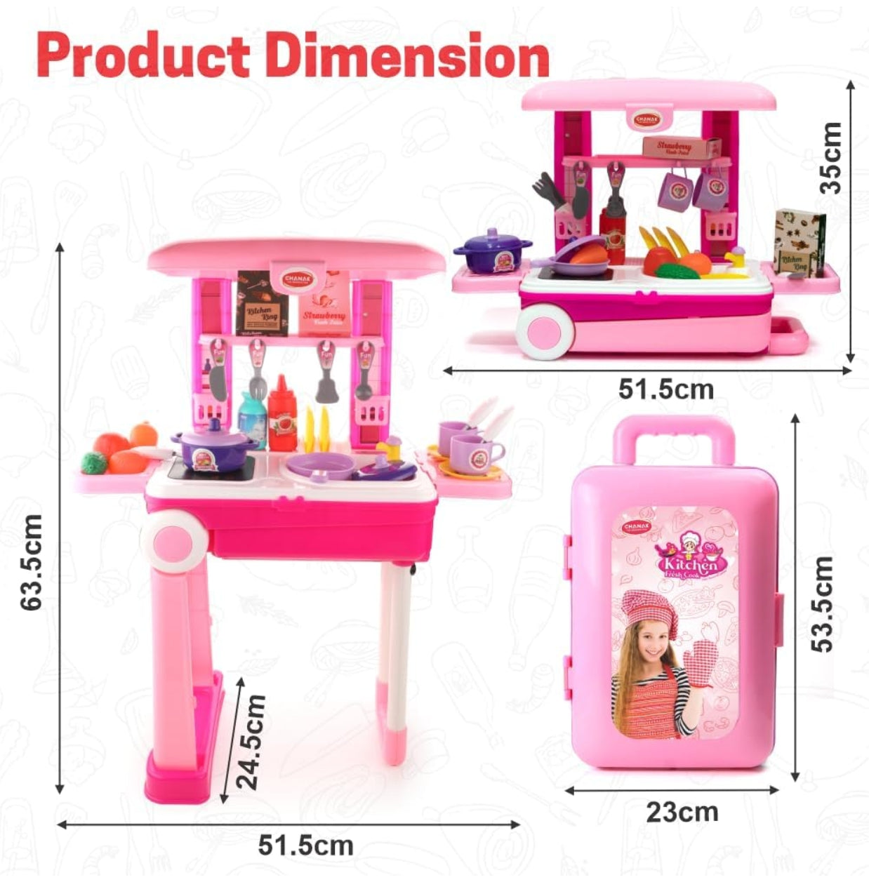 Kitchen Suitcase Set for Girls, Colorful Pretend Play Cooking Set for Girls with 23 Pieces, Portable Kitchen Set for 3 Years,