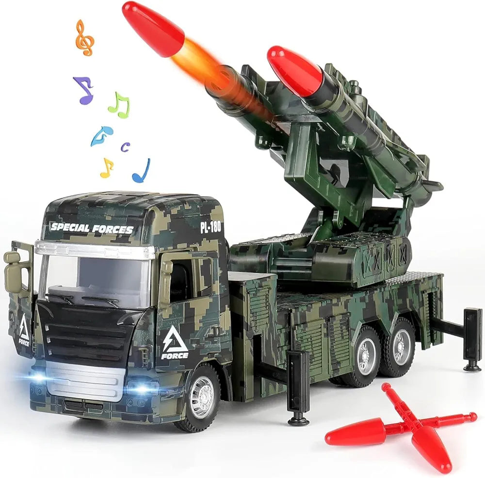 Missile Launcher Truck Military Army Vehicle Model with Lights Sounds, A Launchable Two Missile Military Die-cast Truck Toys Pull Back Gift for Kids..