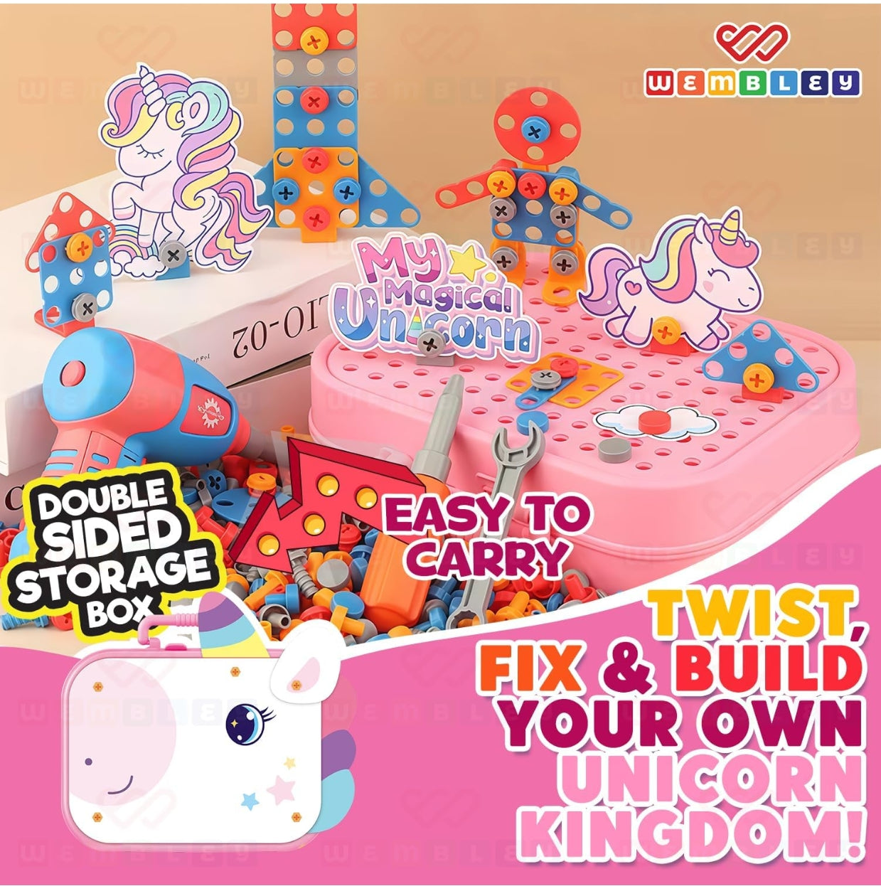 Electric Drill Screw Puzzle Toy Set| 2-in-1 2D & 3D Unicorn Tool Set| 351 Pieces with Electric Screwdriver| STEM Learning DIY Building Block Kit