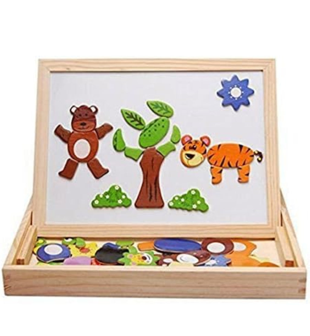 Wooden Drawing and Writing Board with Puzzle Game for Educational Learning (Multicolored)