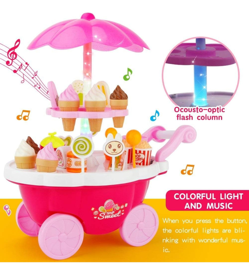 Ice Cream Plastic Trolley Pretend Role Play Set with LED Lights and Music | Battery Operated | Learning and Educational Toy for Kids (39 Pcs) (Sweet Cart)