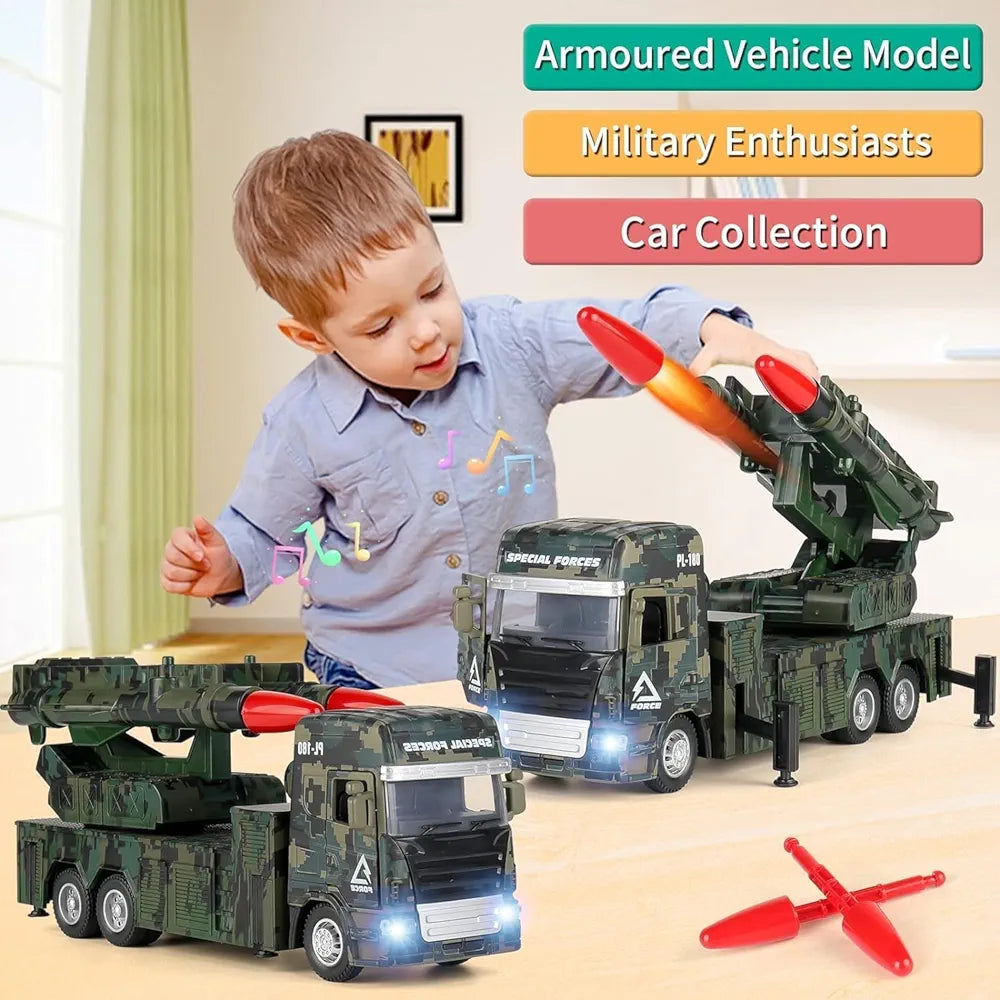 Missile Launcher Truck Military Army Vehicle Model with Lights Sounds, A Launchable Two Missile Military Die-cast Truck Toys Pull Back Gift for Kids..