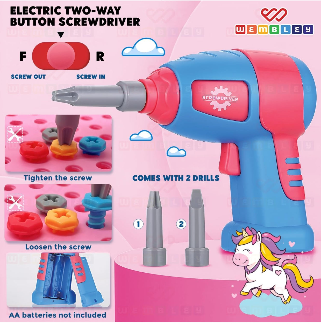 Electric Drill Screw Puzzle Toy Set| 2-in-1 2D & 3D Unicorn Tool Set| 351 Pieces with Electric Screwdriver| STEM Learning DIY Building Block Kit
