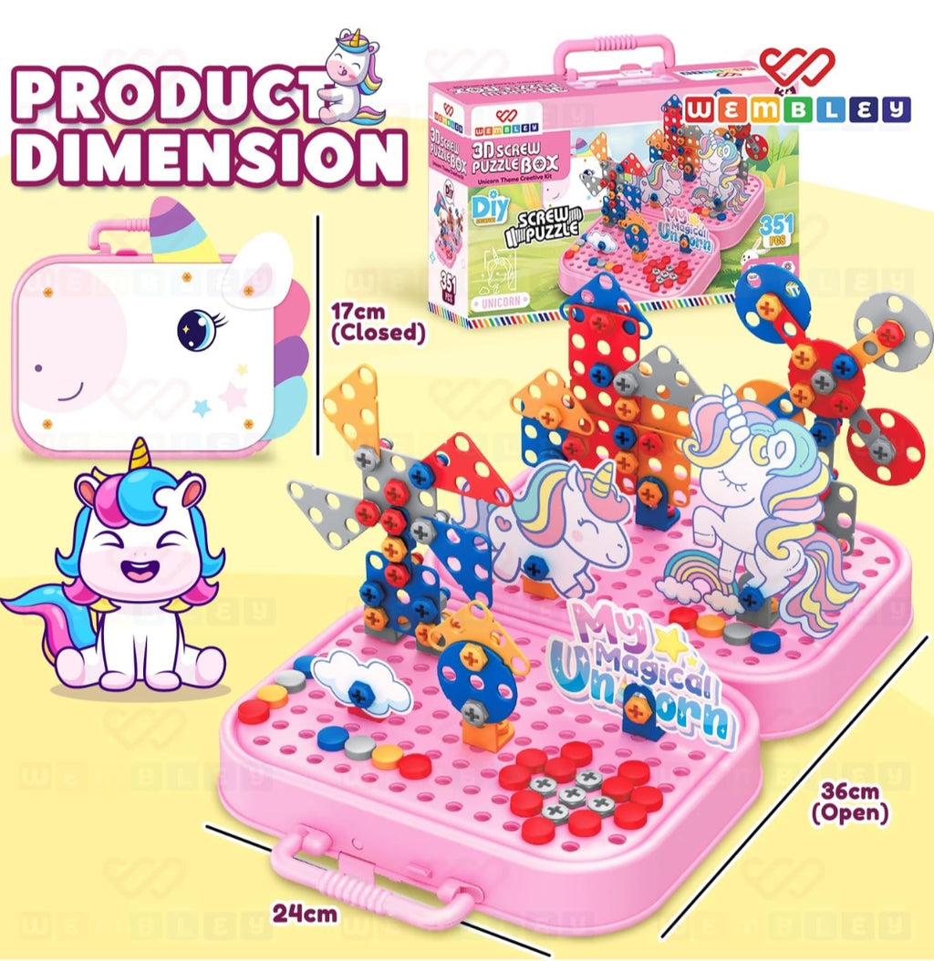 Electric Drill Screw Puzzle Toy Set| 2-in-1 2D & 3D Unicorn Tool Set| 351 Pieces with Electric Screwdriver| STEM Learning DIY Building Block Kit