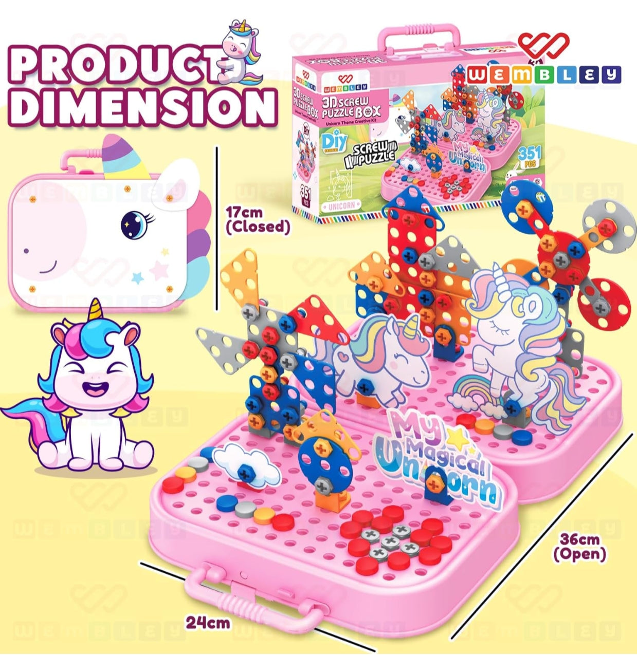 Electric Drill Screw Puzzle Toy Set| 2-in-1 2D & 3D Unicorn Tool Set| 351 Pieces with Electric Screwdriver| STEM Learning DIY Building Block Kit