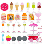 Ice Cream Plastic Trolley Pretend Role Play Set with LED Lights and Music | Battery Operated | Learning and Educational Toy for Kids (39 Pcs) (Sweet Cart)