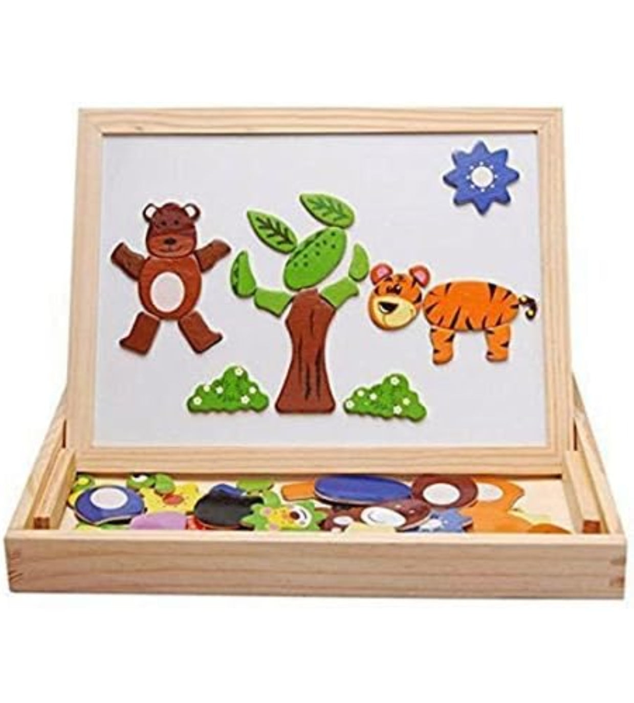 Wooden Drawing and Writing Board with Puzzle Game for Educational Learning (Multicolored)