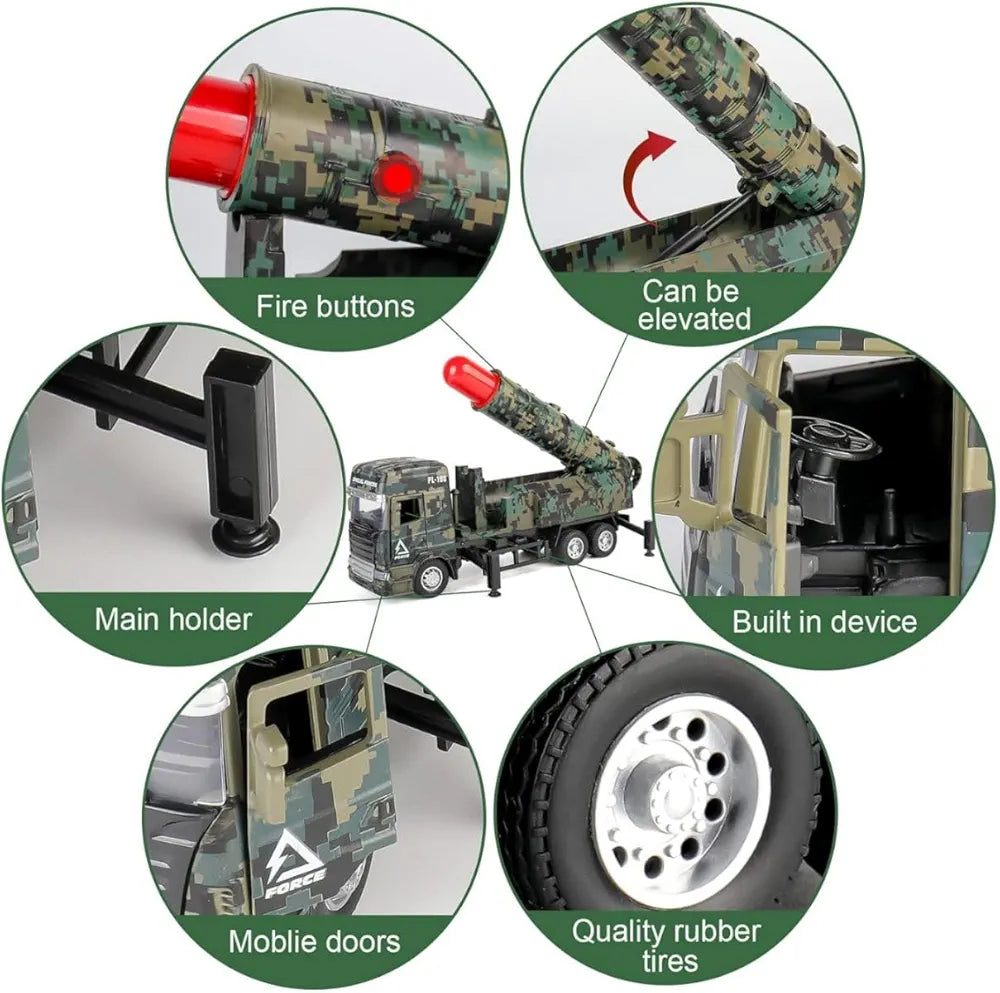 Military One Missile Launcher Truck with Lights & Sounds - Pull Back & Go Missile Model for Kids - Missiles Military Die Cast Truck Gift for Kids (Multicolor)