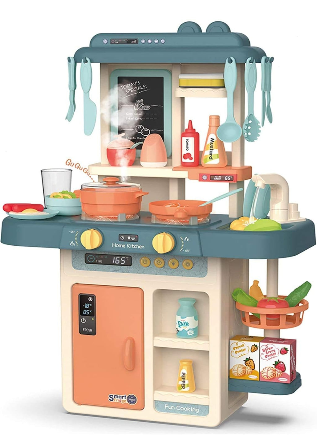 Kitchen Play Set Kids Play Kitchen with Realistic Lights & Sounds Simulation of Spray Play Sink with Running Water Utensils Accessories & Pretend Role Play Toys for Boys Girls