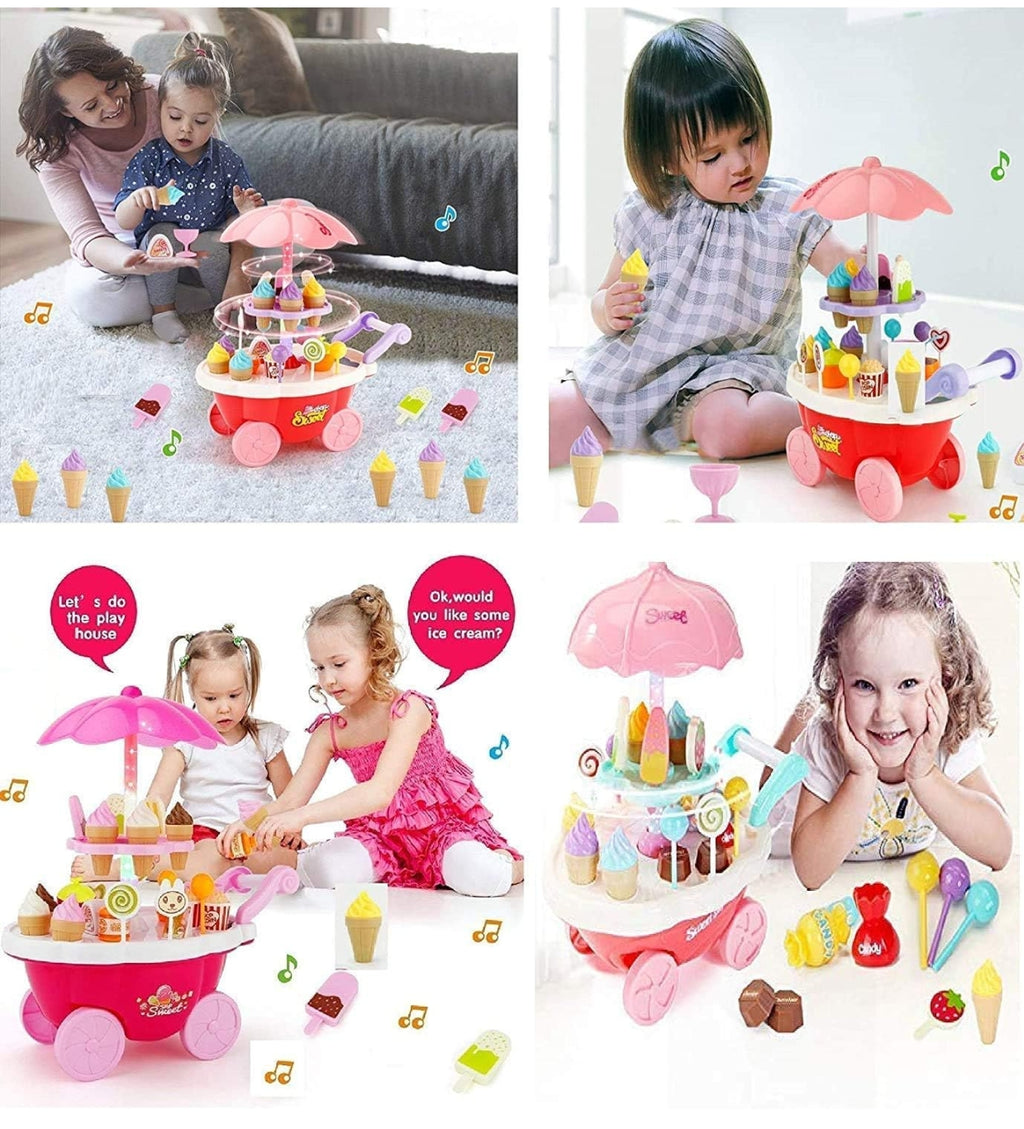 Ice Cream Plastic Trolley Pretend Role Play Set with LED Lights and Music | Battery Operated | Learning and Educational Toy for Kids (39 Pcs) (Sweet Cart)