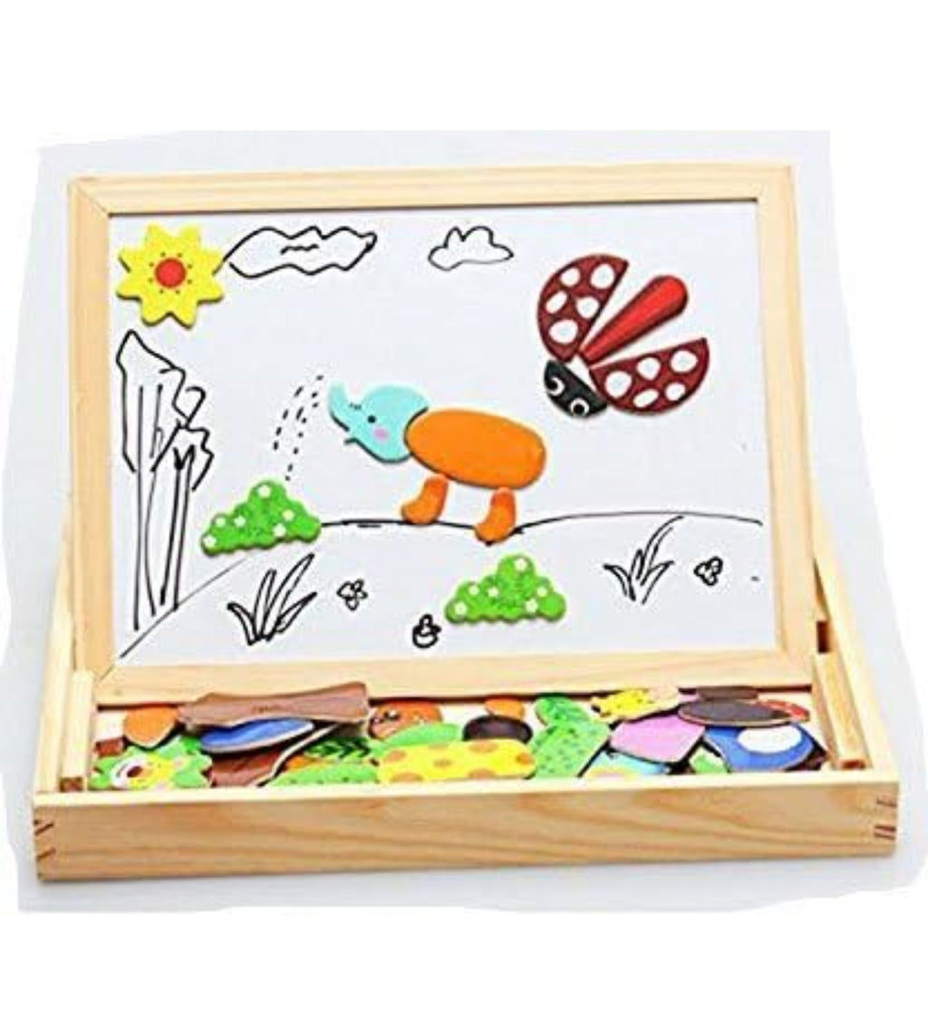 Wooden Drawing and Writing Board with Puzzle Game for Educational Learning (Multicolored)