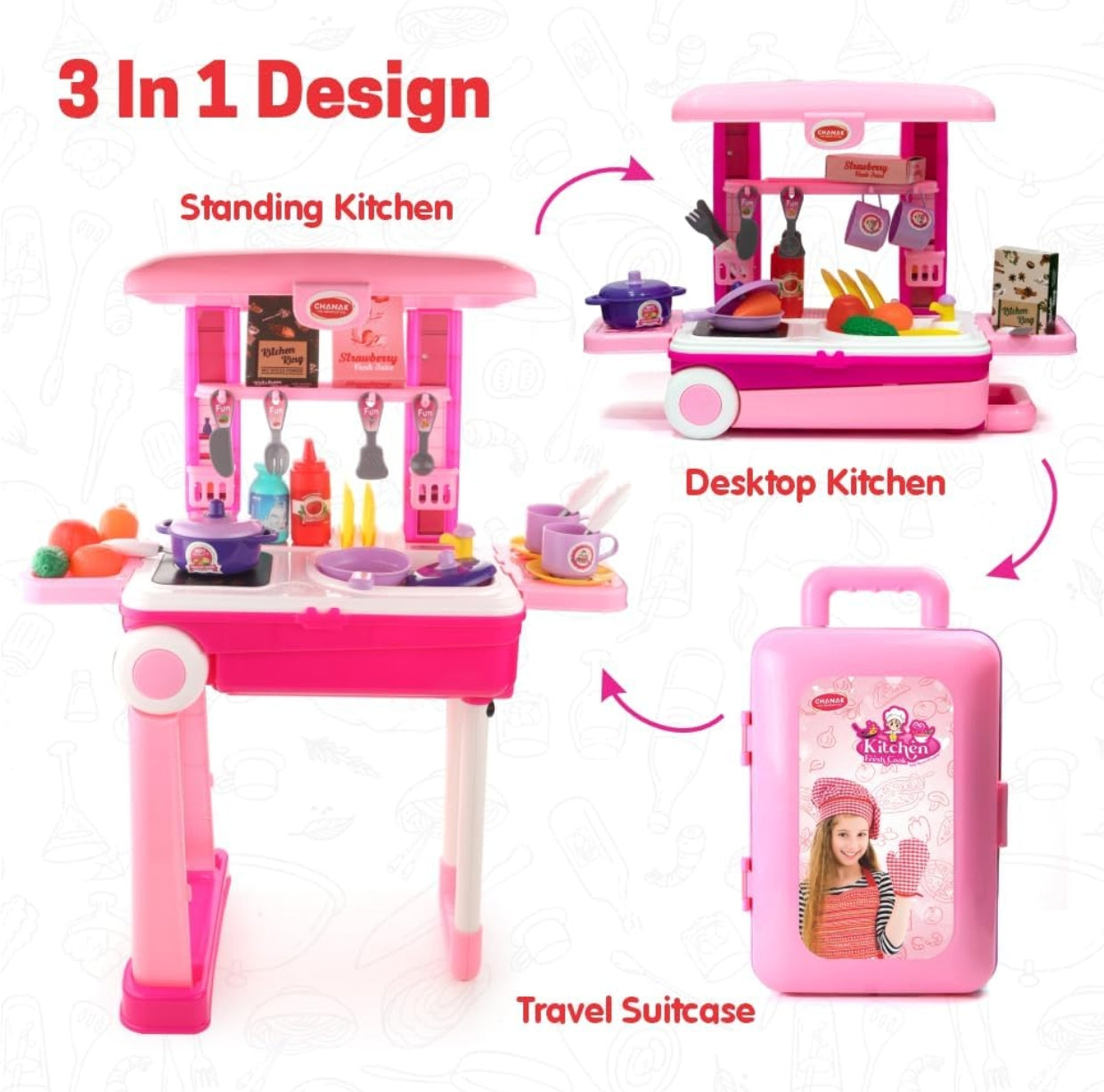 Kitchen Suitcase Set for Girls, Colorful Pretend Play Cooking Set for Girls with 23 Pieces, Portable Kitchen Set for 3 Years,