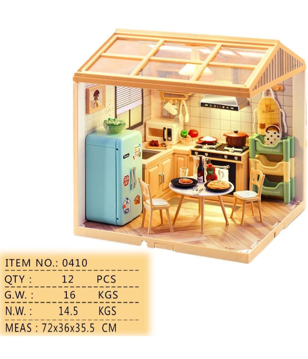 Miniature Kitchen House Playset for Kids – DIY Mini Scene Building Kit with LED Lights, Furniture & Accessories | Small Town in Big City Pretend Play Kitchen Toy for Boys & Girls