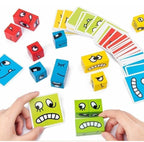 Crazy Face Puzzle Game, Wooden Building Blocks with Expression Cards, Educational Toy for Kids 3+, 16 Blocks and 72 Cards, Metal Box Packing
