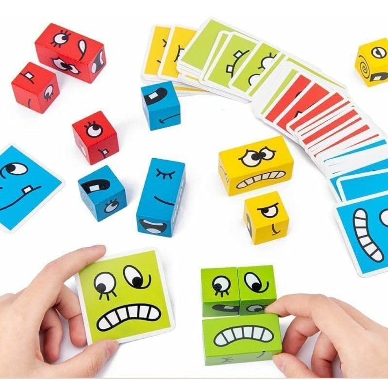 Crazy Face Puzzle Game, Wooden Building Blocks with Expression Cards, Educational Toy for Kids 3+, 16 Blocks and 72 Cards, Metal Box Packing