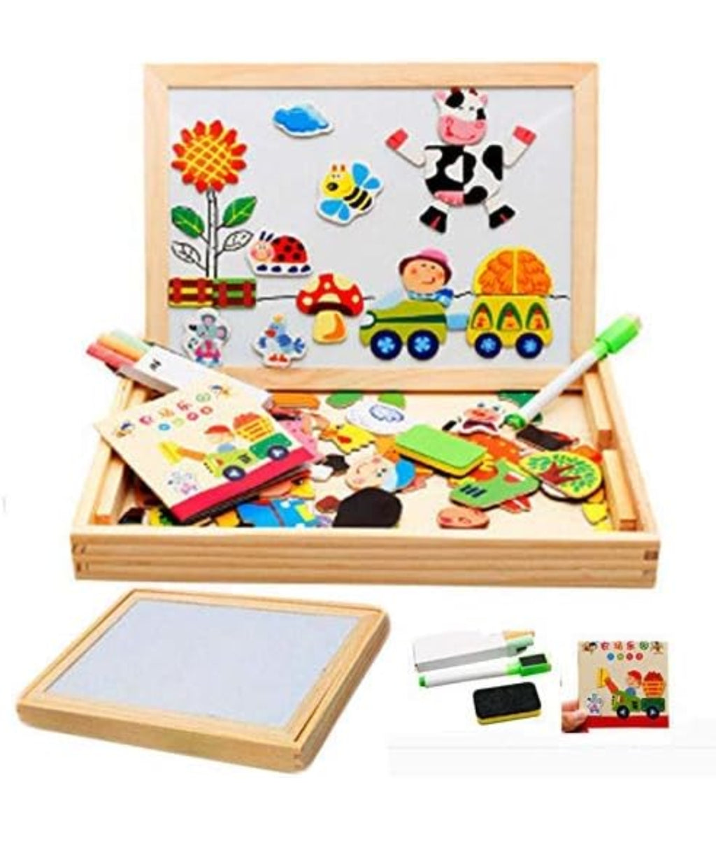 Wooden Drawing and Writing Board with Puzzle Game for Educational Learning (Multicolored)