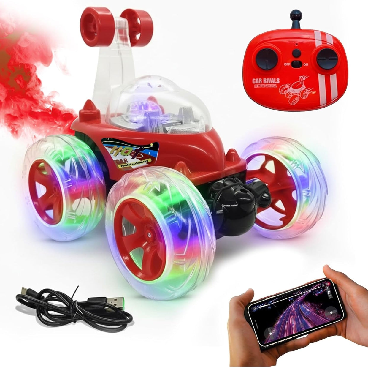 Stunt Racing Car Red | Forward/Backward & Left/Right Steering | LED Lights, Music & Spray Effect | Bluetooth Control | Rechargeable