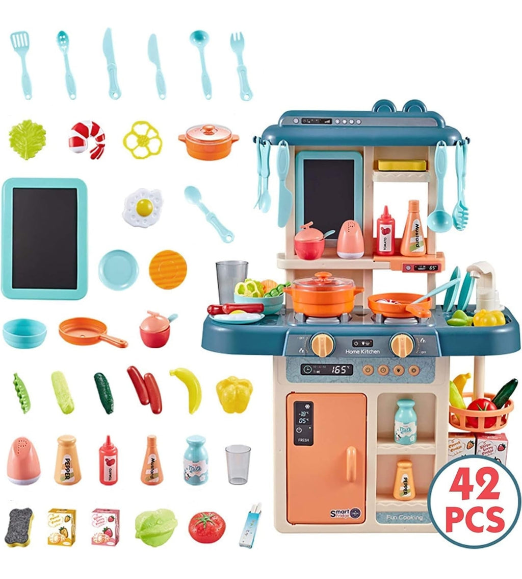 Kitchen Play Set Kids Play Kitchen with Realistic Lights & Sounds Simulation of Spray Play Sink with Running Water Utensils Accessories & Pretend Role Play Toys for Boys Girls