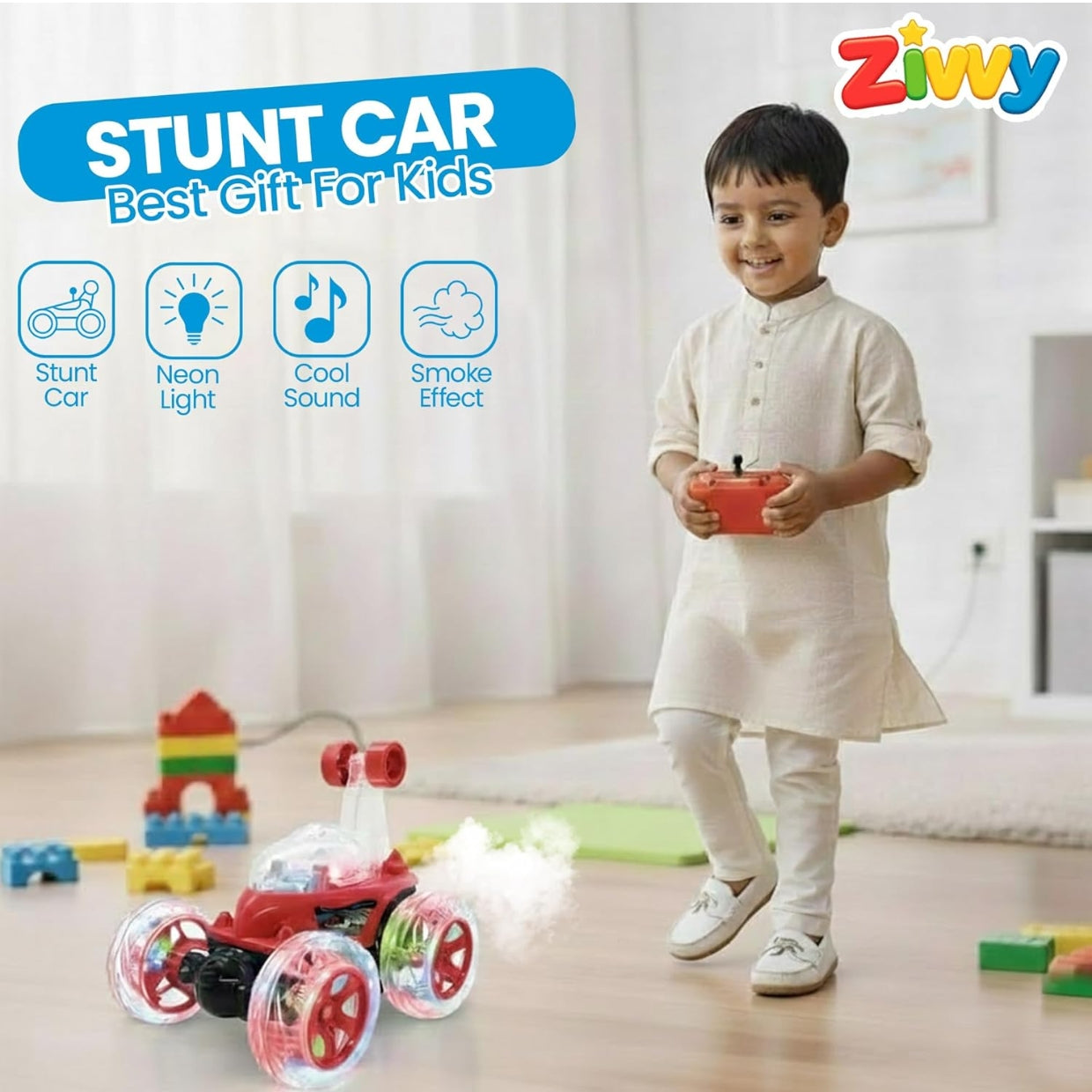 Stunt Racing Car Red | Forward/Backward & Left/Right Steering | LED Lights, Music & Spray Effect | Bluetooth Control | Rechargeable