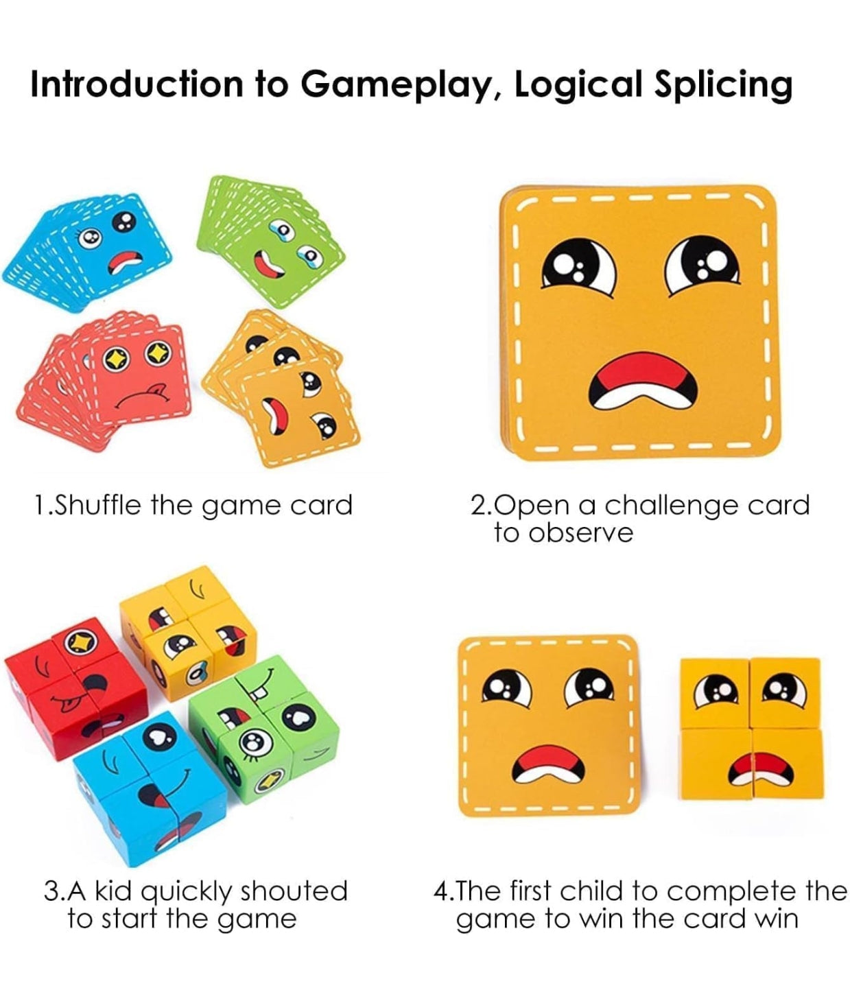 Crazy Face Puzzle Game, Wooden Building Blocks with Expression Cards, Educational Toy for Kids 3+, 16 Blocks and 72 Cards, Metal Box Packing