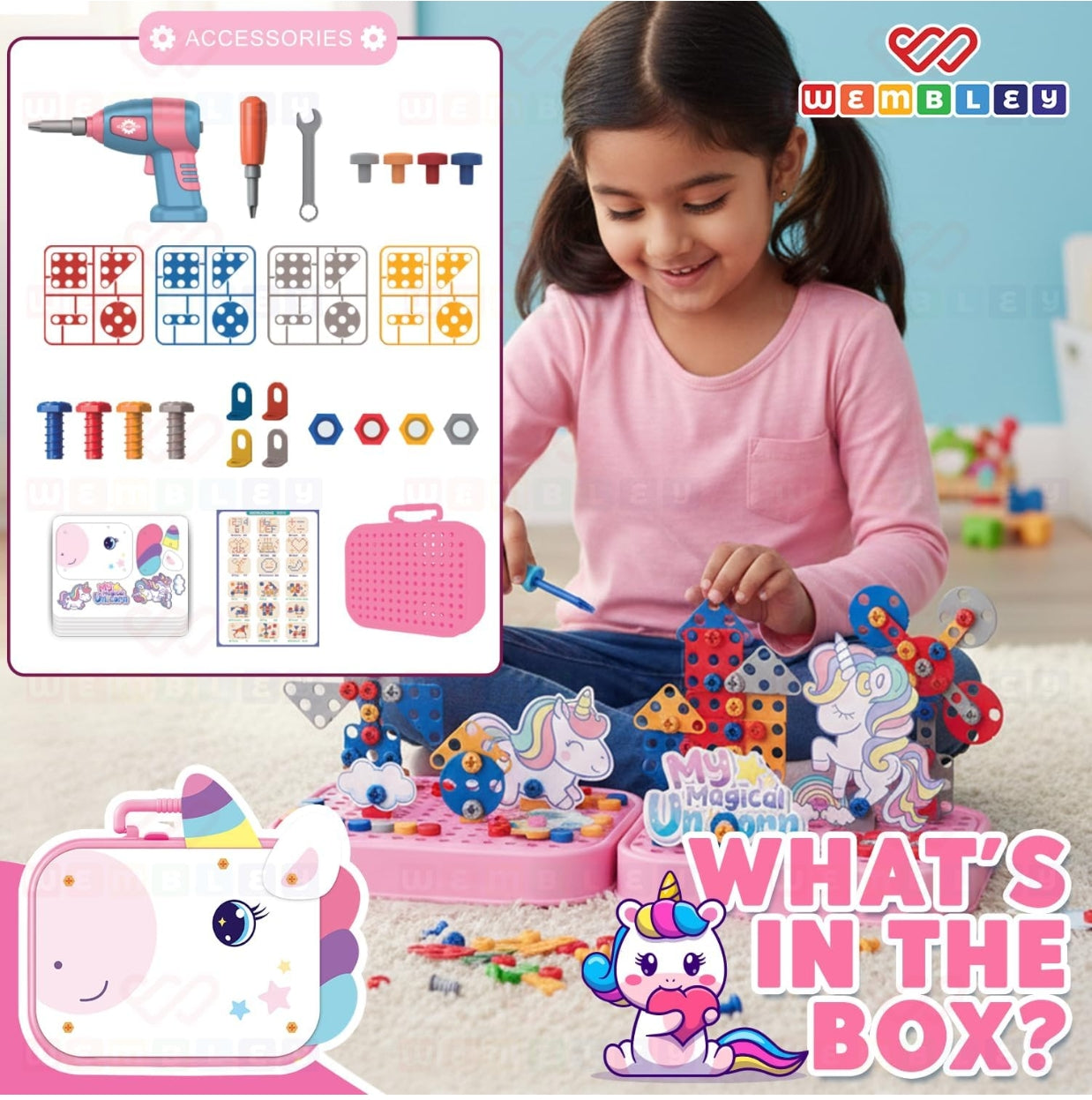 Electric Drill Screw Puzzle Toy Set| 2-in-1 2D & 3D Unicorn Tool Set| 351 Pieces with Electric Screwdriver| STEM Learning DIY Building Block Kit