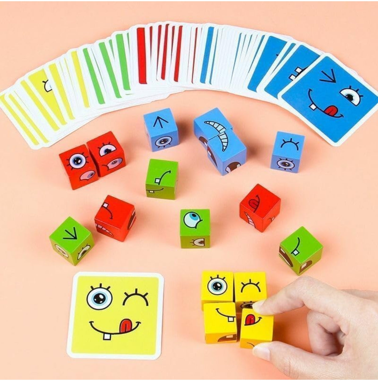 Crazy Face Puzzle Game, Wooden Building Blocks with Expression Cards, Educational Toy for Kids 3+, 16 Blocks and 72 Cards, Metal Box Packing