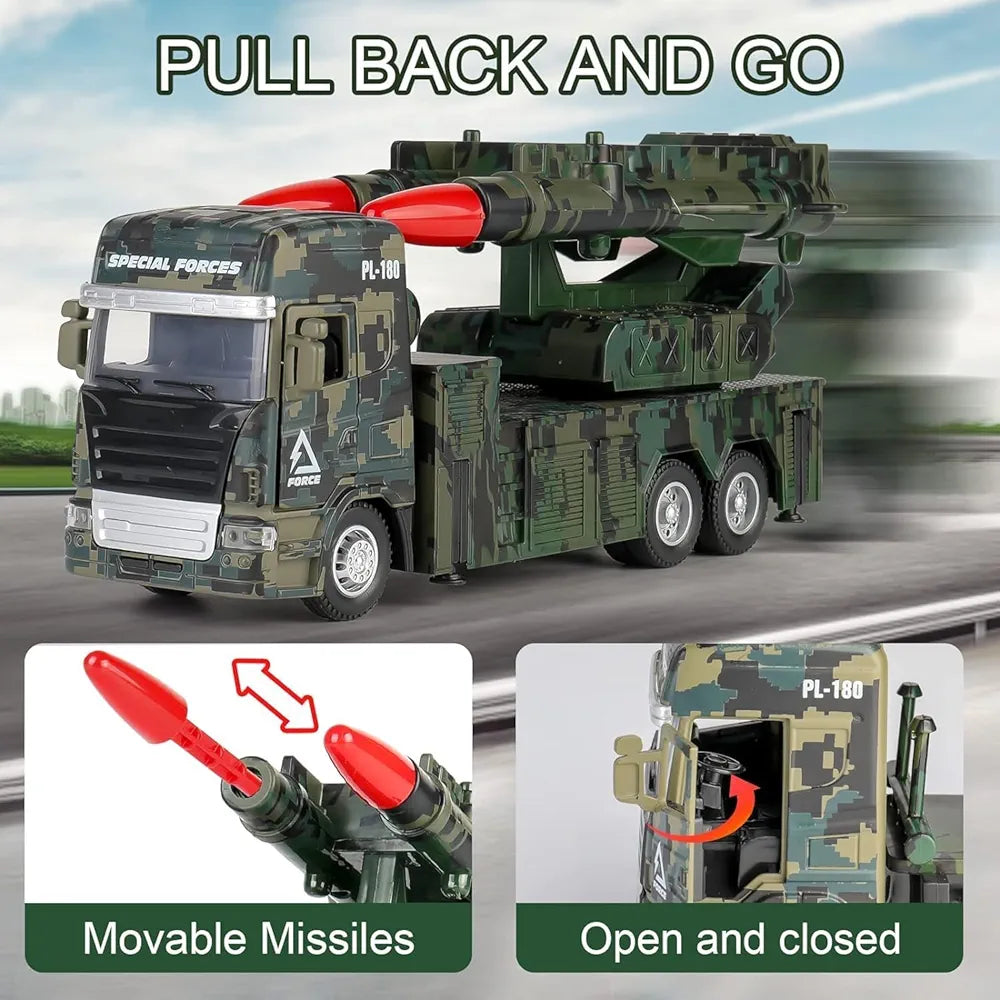 Missile Launcher Truck Military Army Vehicle Model with Lights Sounds, A Launchable Two Missile Military Die-cast Truck Toys Pull Back Gift for Kids..