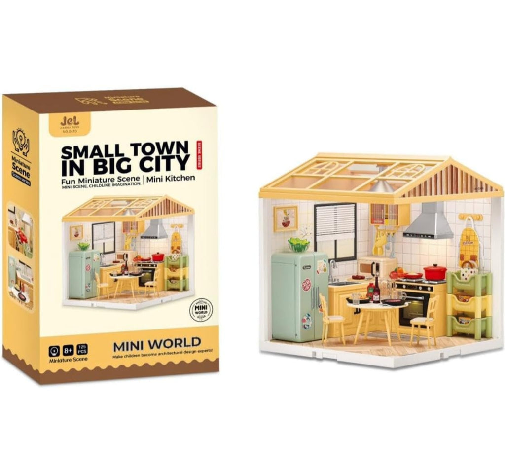 Miniature Kitchen House Playset for Kids – DIY Mini Scene Building Kit with LED Lights, Furniture & Accessories | Small Town in Big City Pretend Play Kitchen Toy for Boys & Girls
