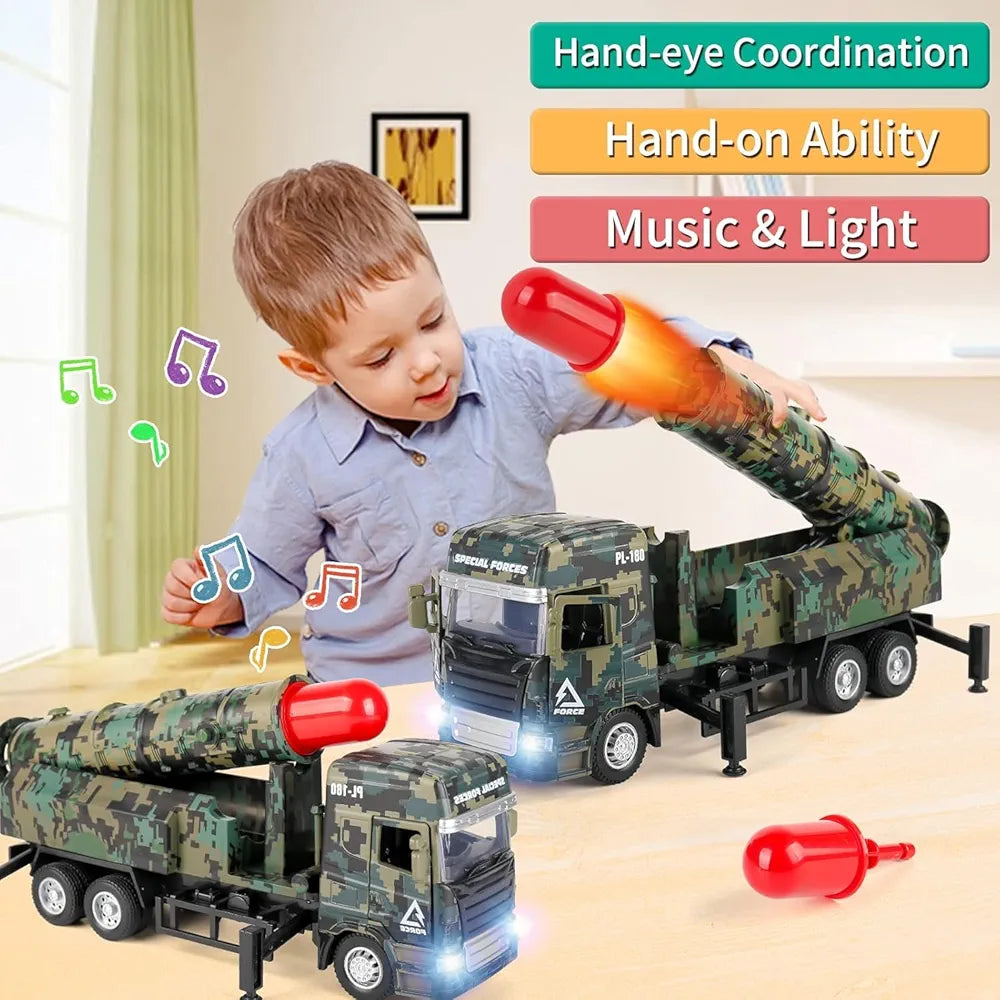 Military One Missile Launcher Truck with Lights & Sounds - Pull Back & Go Missile Model for Kids - Missiles Military Die Cast Truck Gift for Kids (Multicolor)