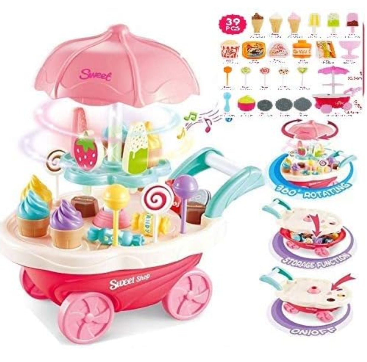 Ice Cream Plastic Trolley Pretend Role Play Set with LED Lights and Music | Battery Operated | Learning and Educational Toy for Kids (39 Pcs) (Sweet Cart)