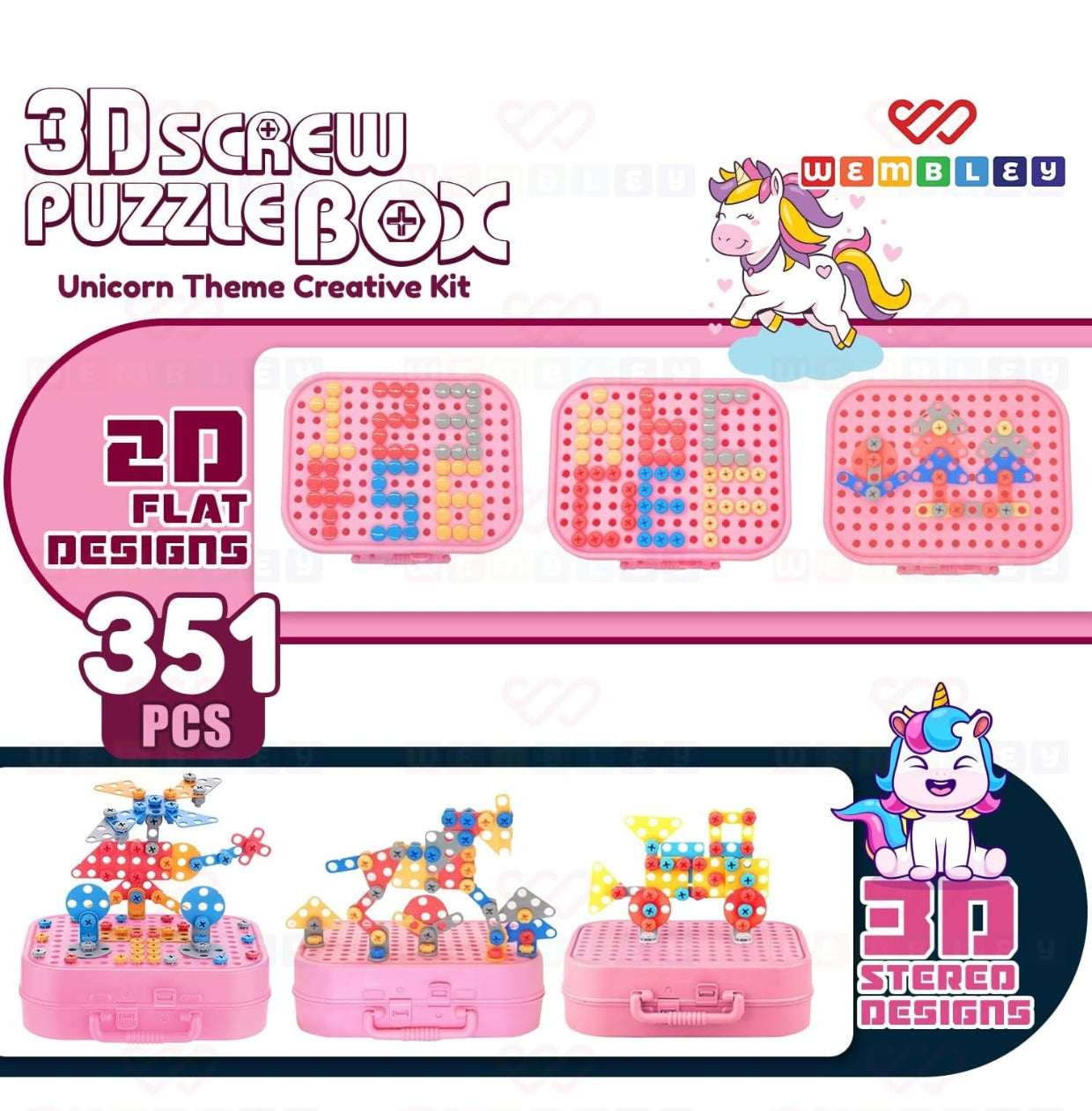 Electric Drill Screw Puzzle Toy Set| 2-in-1 2D & 3D Unicorn Tool Set| 351 Pieces with Electric Screwdriver| STEM Learning DIY Building Block Kit
