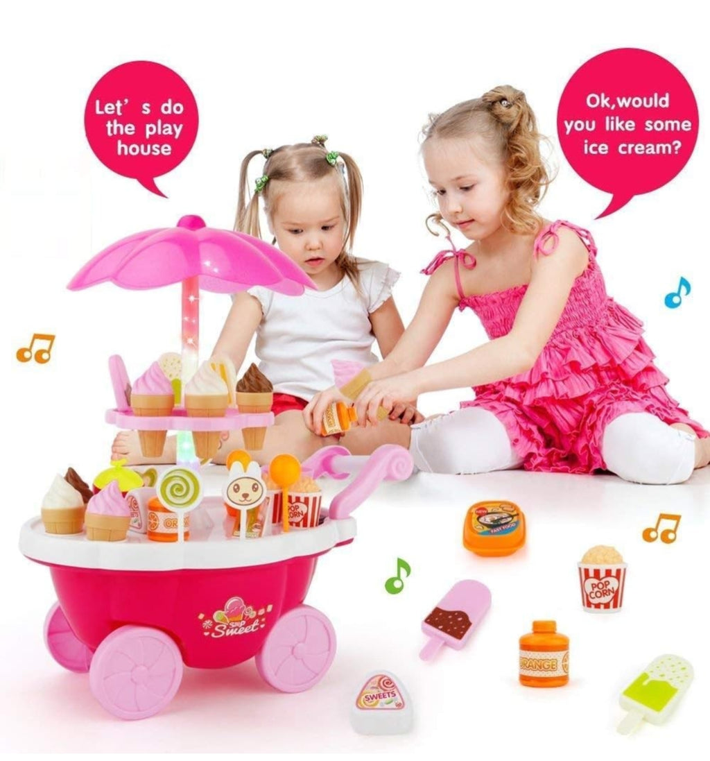 Ice Cream Plastic Trolley Pretend Role Play Set with LED Lights and Music | Battery Operated | Learning and Educational Toy for Kids (39 Pcs) (Sweet Cart)