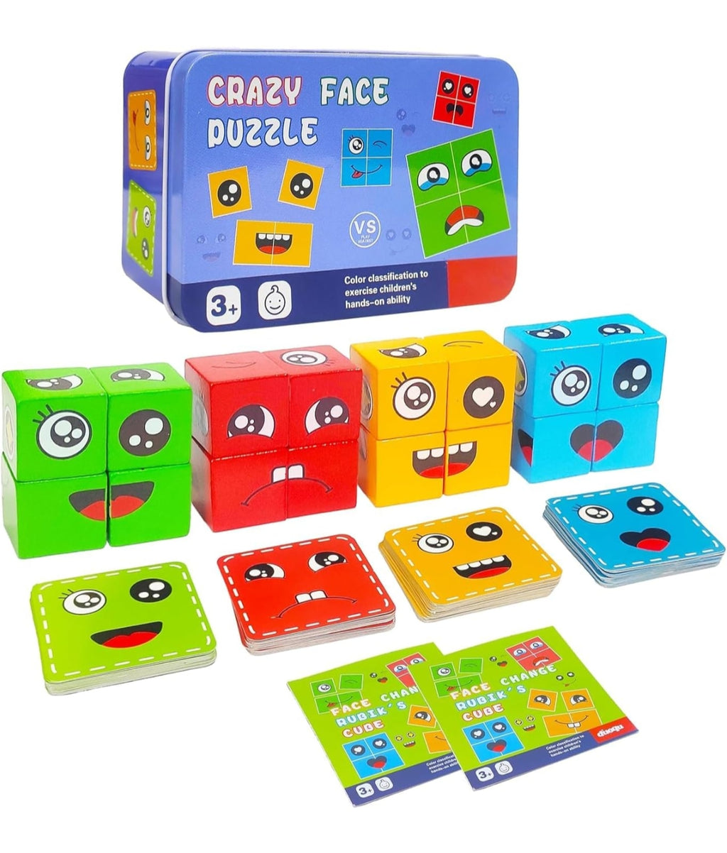 Crazy Face Puzzle Game, Wooden Building Blocks with Expression Cards, Educational Toy for Kids 3+, 16 Blocks and 72 Cards, Metal Box Packing