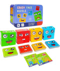 Crazy Face Puzzle Game, Wooden Building Blocks with Expression Cards, Educational Toy for Kids 3+, 16 Blocks and 72 Cards, Metal Box Packing