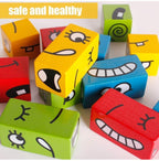 Crazy Face Puzzle Game, Wooden Building Blocks with Expression Cards, Educational Toy for Kids 3+, 16 Blocks and 72 Cards, Metal Box Packing