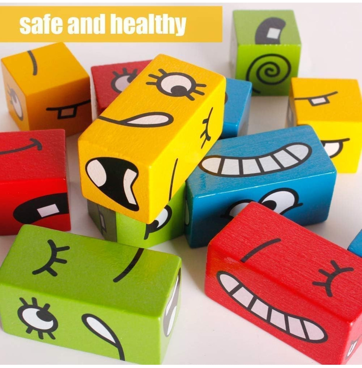 Crazy Face Puzzle Game, Wooden Building Blocks with Expression Cards, Educational Toy for Kids 3+, 16 Blocks and 72 Cards, Metal Box Packing