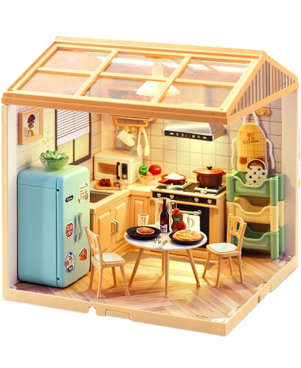 Miniature Kitchen House Playset for Kids – DIY Mini Scene Building Kit with LED Lights, Furniture & Accessories | Small Town in Big City Pretend Play Kitchen Toy for Boys & Girls