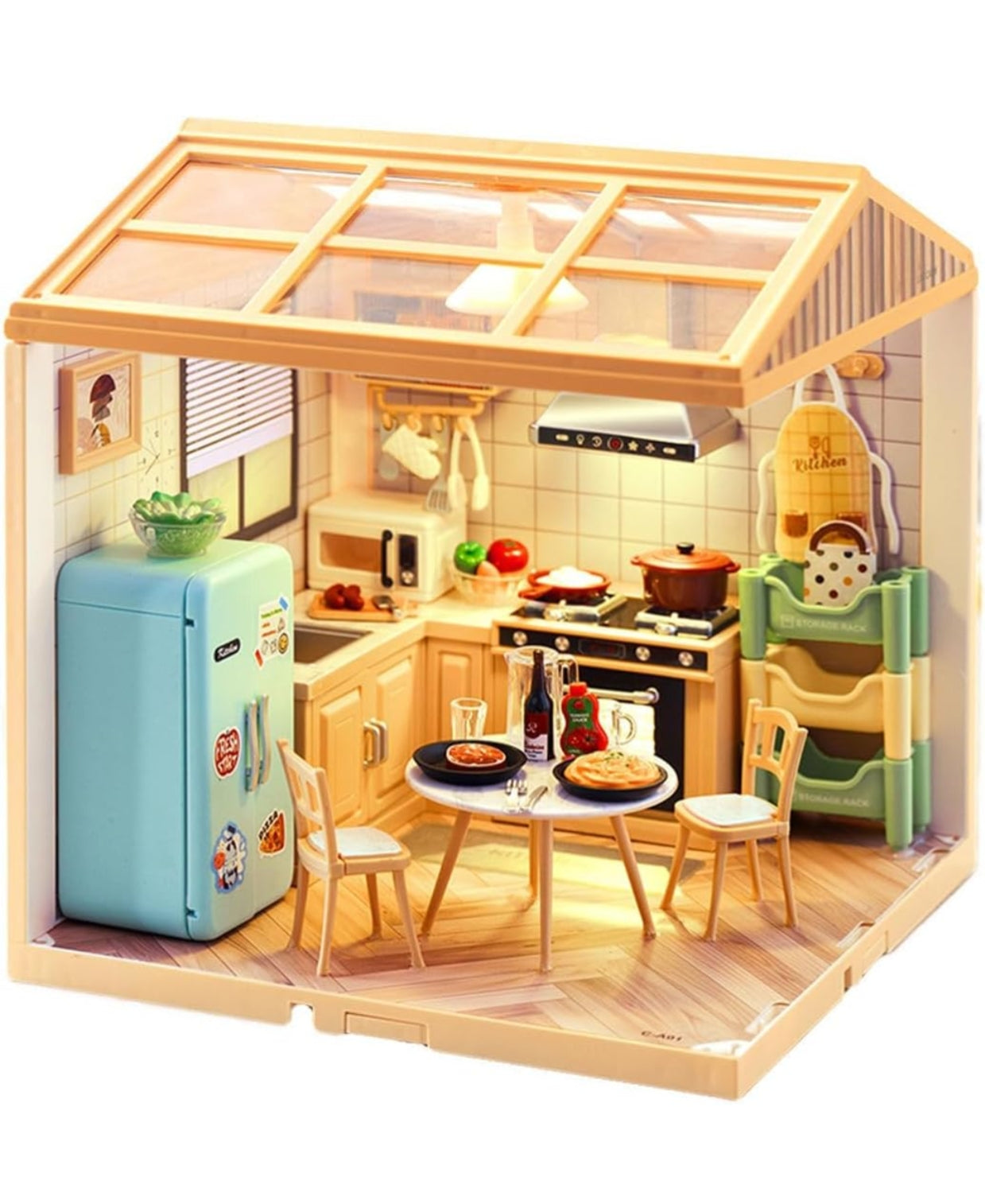 Miniature Kitchen House Playset for Kids – DIY Mini Scene Building Kit with LED Lights, Furniture & Accessories | Small Town in Big City Pretend Play Kitchen Toy for Boys & Girls