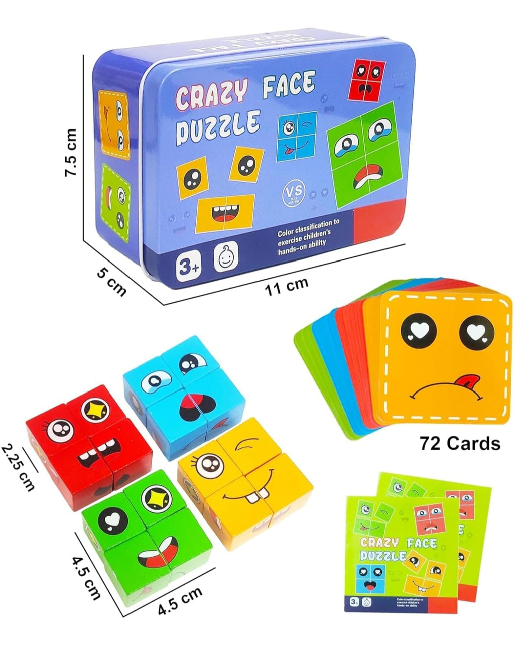 Crazy Face Puzzle Game, Wooden Building Blocks with Expression Cards, Educational Toy for Kids 3+, 16 Blocks and 72 Cards, Metal Box Packing