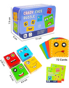 Crazy Face Puzzle Game, Wooden Building Blocks with Expression Cards, Educational Toy for Kids 3+, 16 Blocks and 72 Cards, Metal Box Packing