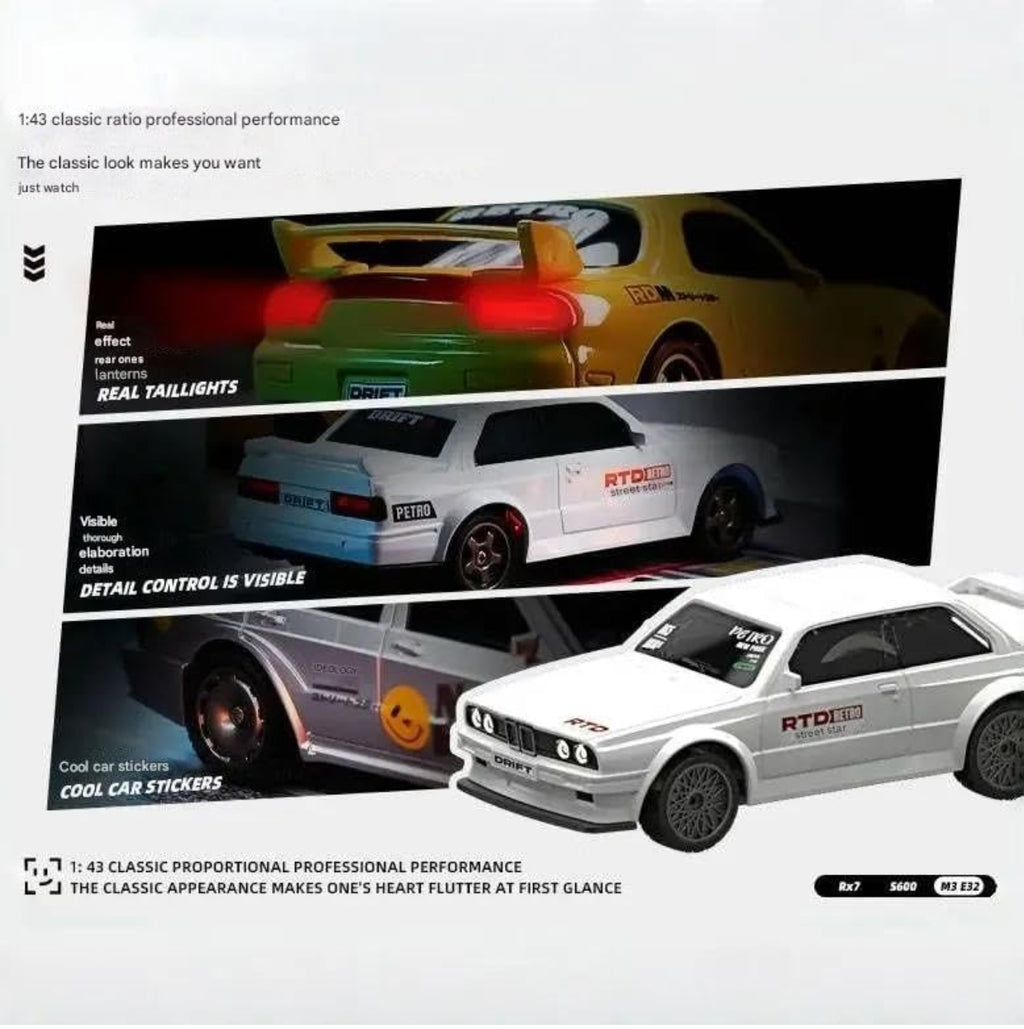 Toys 1:43 Scale Bwm E20 Mini RC Drift Car with Gyro Full Proportional RTR 2.4Ghz Remote Control with RGB Lights Drift car Multicolor