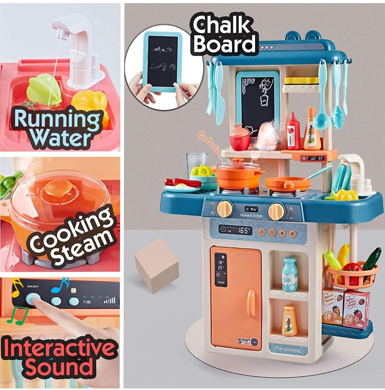 Kitchen Play Set Kids Play Kitchen with Realistic Lights & Sounds Simulation of Spray Play Sink with Running Water Utensils Accessories & Pretend Role Play Toys for Boys Girls