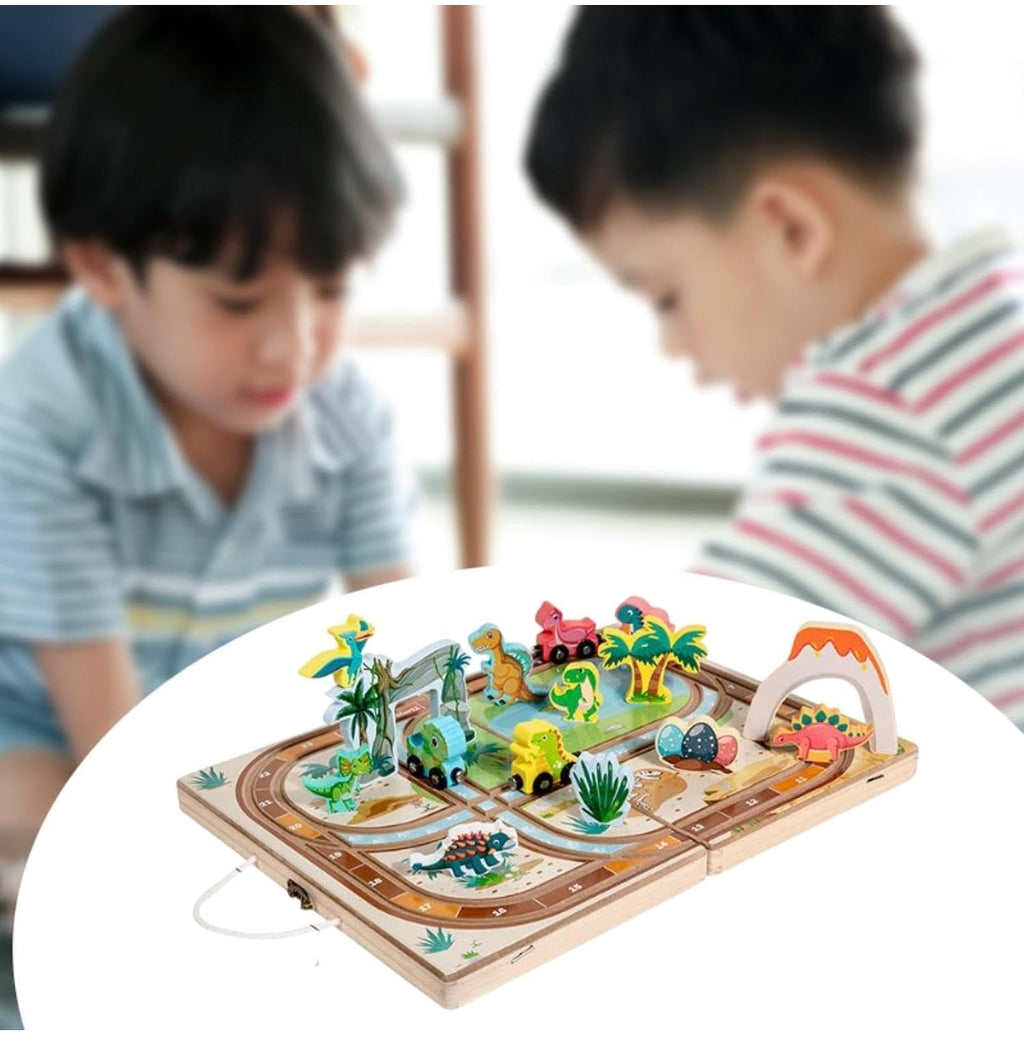 Wooden Take Along Tabletop with Storage Box Play Set for Parents Home Travel Dinosaur Tracks | Preschool Toys & Pretend Play