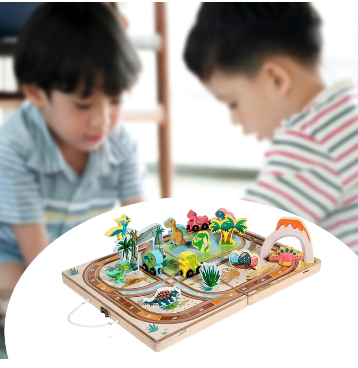Wooden Take Along Tabletop with Storage Box Play Set for Parents Home Travel Dinosaur Tracks | Preschool Toys & Pretend Play